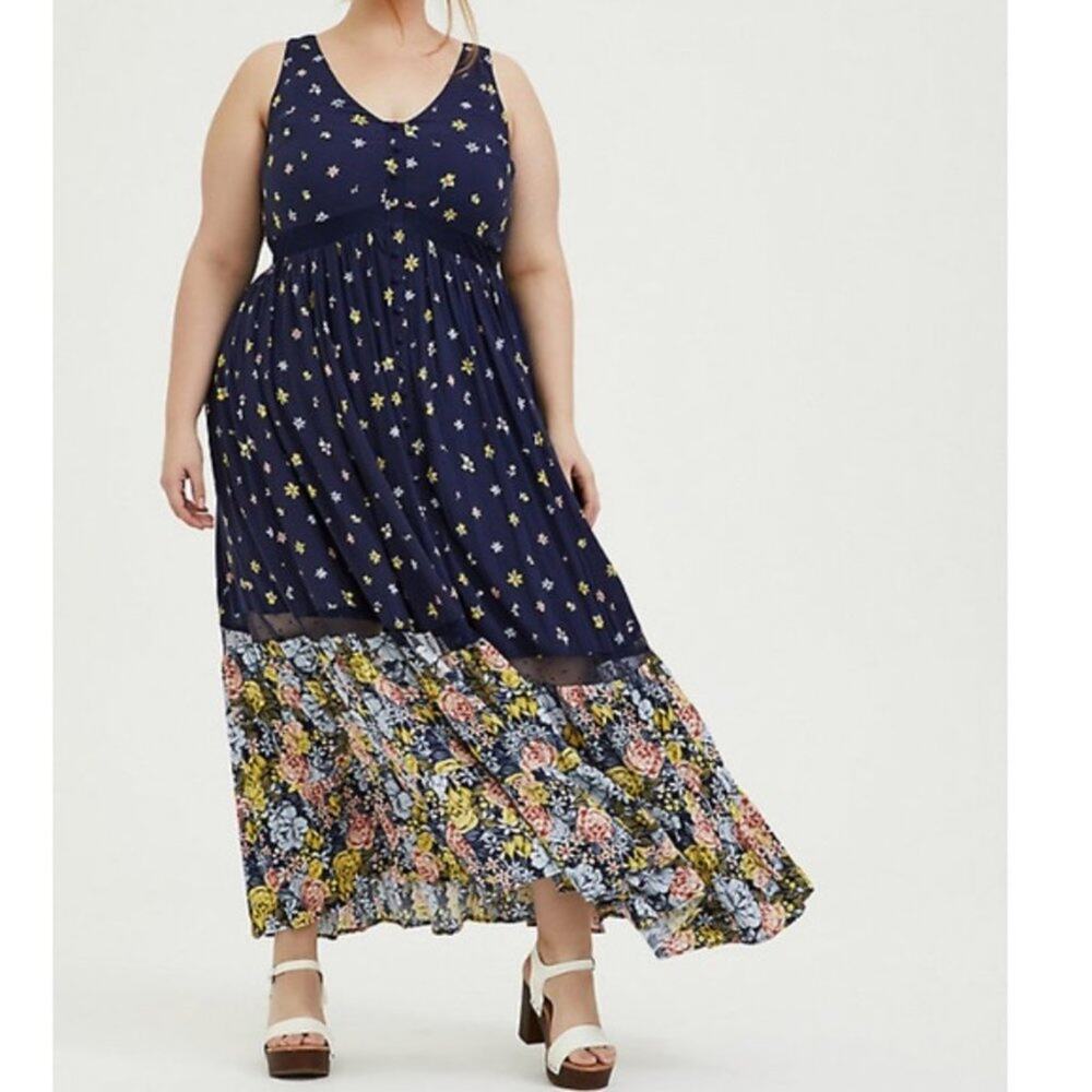 TORRID navy mixed floral challis button maxi dress Size 2